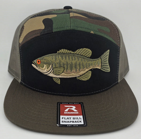 Black and camo Richardson flat bill snapback with embroidered largemouth bass