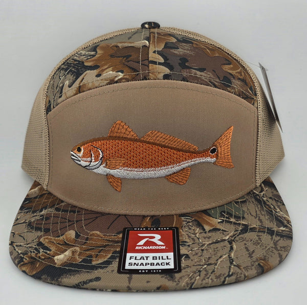 Camo and tan flat bill snapback hat with embroidered redfish design