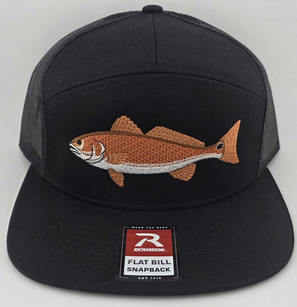 Black Richardson flat bill snapback with embroidered redfish