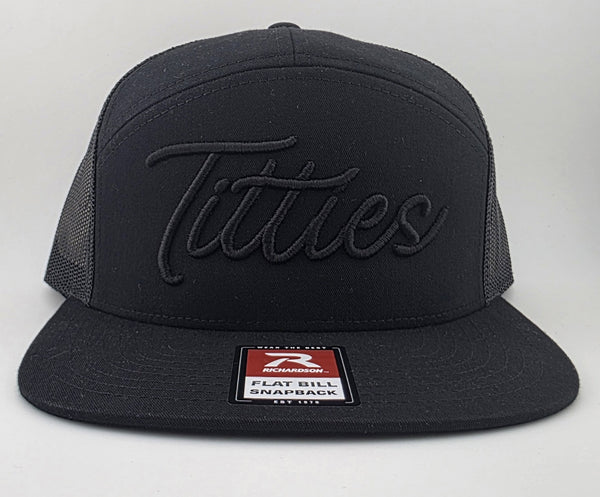 Black Richardson flat bill snapback with black 3D puff embroidered Titties script