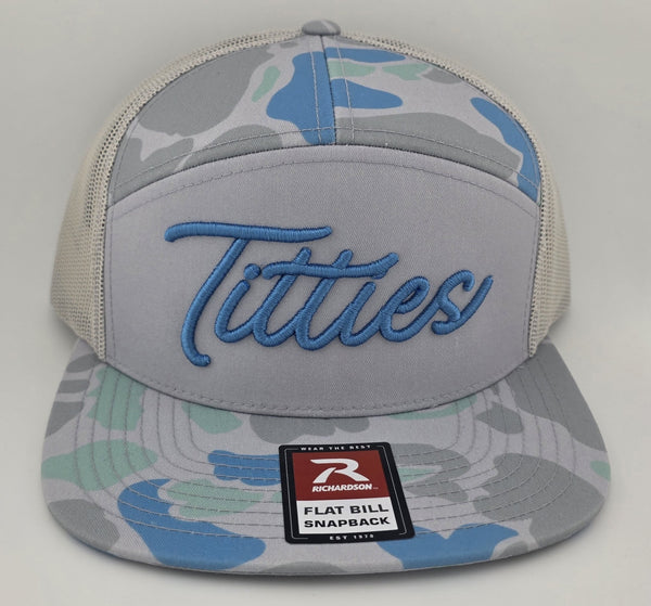 Richardson blue gray camo flat bill snapback with blue 3D puff embroidered Titties script