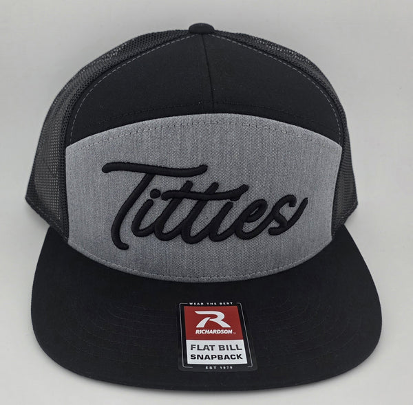 Richardson black and gray flat bill snapback with black 3D puff embroidered Titties script